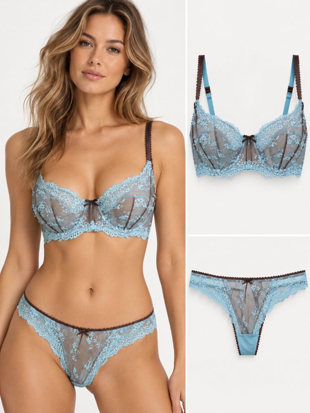 Elle MacPherson Dentelle Bra and Thong Set Blue and Brown Lace 34E Medium